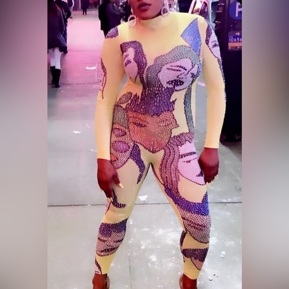 Pop Art Rhinestone Mesh Jumpsuit Yellow Long Sleeve Bodysuit Costume Style Sz L - Picture 7 of 7